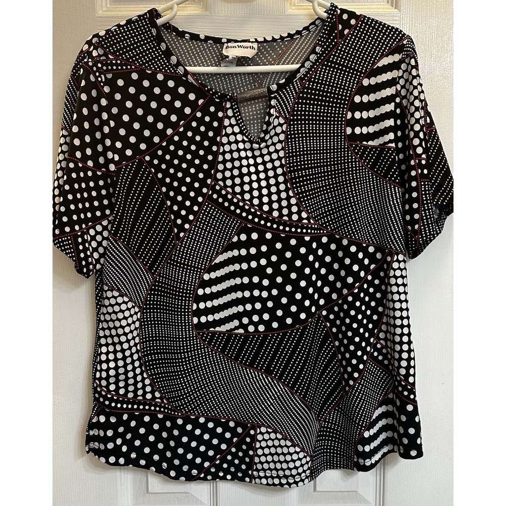 BonWorth Women's Short Sleeve Shirt‎ Multicolor Geometric Pattern Medium Petite